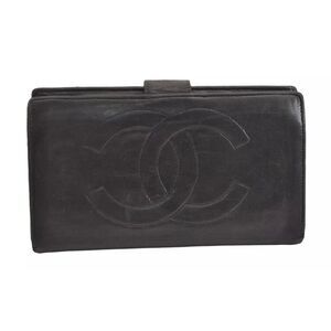 Authentic CHANEL Vintage Calf Skin Long Wallet‎ Purse Black CC Logo